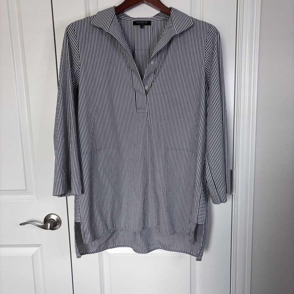 LAFAYETTE 148 Gray Stripe Desirae Tunic Top w/ Pockets Women's Medium